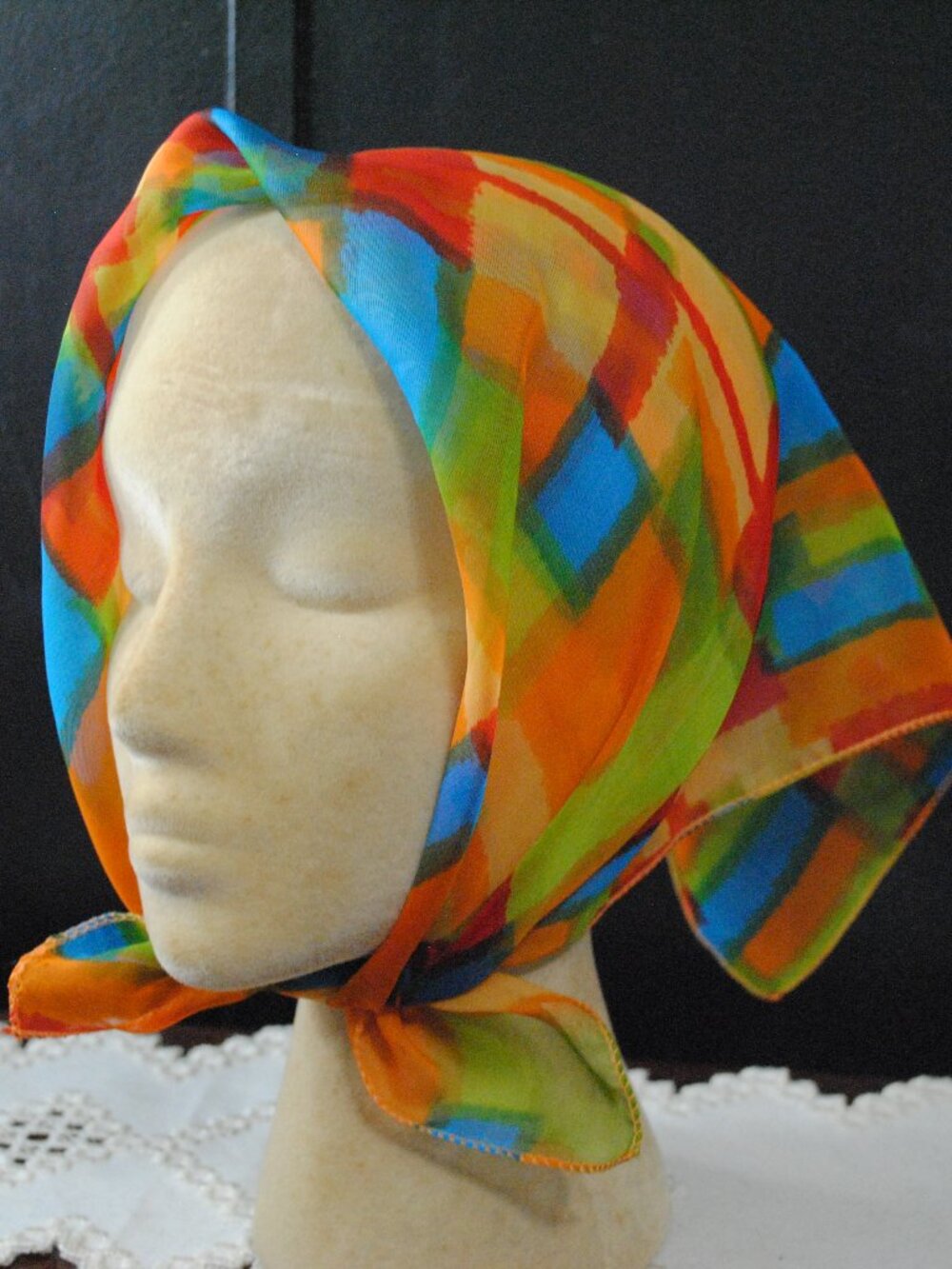 Vintage 1990s Orange, Blue, Red, & Green Color Block Chiffon Scarf